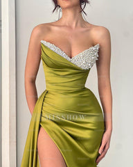 Beautiful Long Mermaid Sleeveless Designer Satin Pearls Prom Dress With Slit
