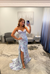 Beautiful Long Mermaid Strapless Floral Prom Dress with Slit