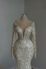 Beautiful Long Mermaid White V-neck Lace Glitter Prom Evening Dresses With Long Sleeves