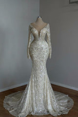 Beautiful Long Mermaid White V-neck Lace Glitter Prom Evening Dresses With Long Sleeves