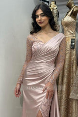 Beautiful Long Pink Mermaid Glitter Lace Split Front Prom Evening Dresses with Long Sleeves