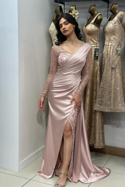 Beautiful Long Pink Mermaid Glitter Lace Split Front Prom Evening Dresses with Long Sleeves