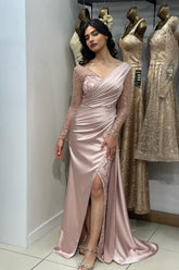 Beautiful Long Pink Mermaid Glitter Lace Split Front Prom Evening Dresses with Long Sleeves