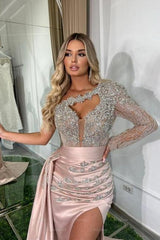 Beautiful Long Pink Mermaid One Shoulder Long Sleeve Glitter Prom Evening Dresses With Slit