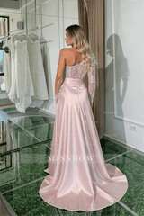 Beautiful Long Pink Mermaid One Shoulder Long Sleeve Glitter Prom Evening Dresses With Slit