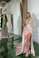 Beautiful Long Pink Mermaid One Shoulder Long Sleeve Glitter Prom Evening Dresses With Slit