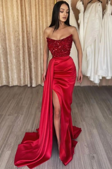 Beautiful Long Red Sequined Mermaid Satin Strapless Prom Evening Dresses with Slit