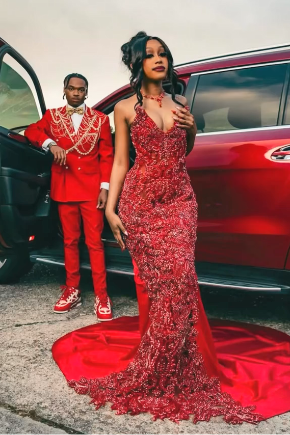 Beautiful Long Red Strapless Beaded Crystal V-neck Mermaid Prom Dress Beautiful Long Red Strapless Beaded Crystal V-neck Mermaid Prom Dress