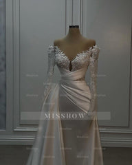 Beautiful Long White A-line Lace Satin Wedding Dress With Long Sleeves