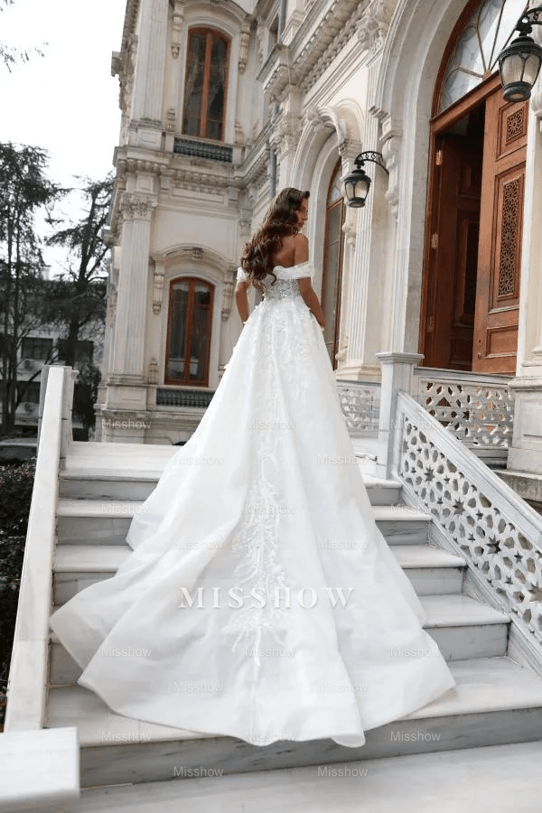 Beautiful Long White A-line Off-the-shoulder Lace Flowers Wedding Dress With Slit