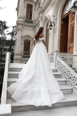 Beautiful Long White A-line Off-the-shoulder Lace Flowers Wedding Dress With Slit