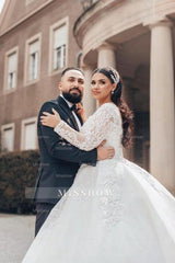 Beautiful Long White A-line Square Neck Lace Wedding Dress with Long Sleeves