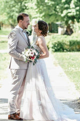 Beautiful Long White A-line V-neck Sleeveless Wedding Dress with Lace