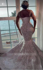 Beautiful Long White Mermaid Crystal Beaded Wedding Dress with Long Sleeves