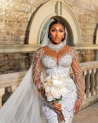 Beautiful Long White Mermaid Crystal Beaded Wedding Dress with Long Sleeves