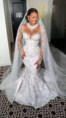 Beautiful Long White Mermaid Crystal Beaded Wedding Dress with Long Sleeves