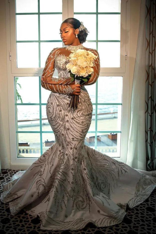 Beautiful Long White Mermaid Crystal Beaded Wedding Dress with Long Sleeves