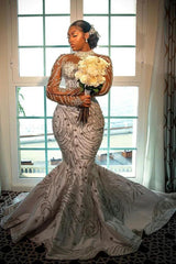 Beautiful Long White Mermaid Crystal Beaded Wedding Dress with Long Sleeves