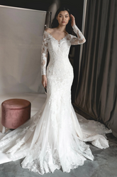 Beautiful Long White Mermaid Off-the-shoulder Lace Appliques Wedding Dress