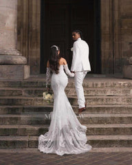 Beautiful Long White Mermaid Off-the-shoulder Lace Corset Wedding Dress with Long Sleeves