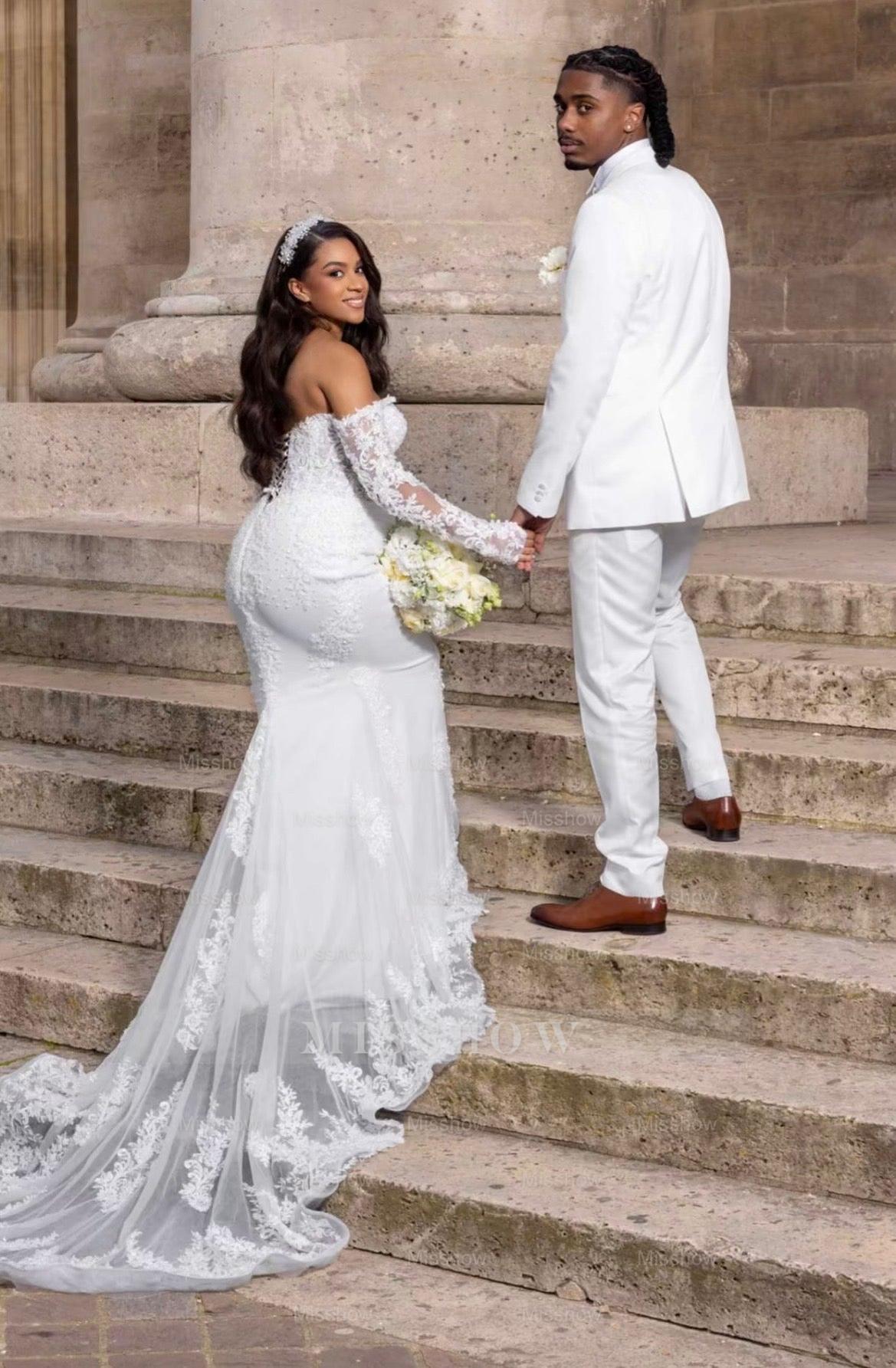 Beautiful Long White Mermaid Off-the-shoulder Lace Corset Wedding Dress with Long Sleeves