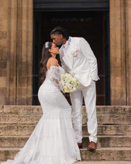 Beautiful Long White Mermaid Off-the-shoulder Lace Corset Wedding Dress with Long Sleeves