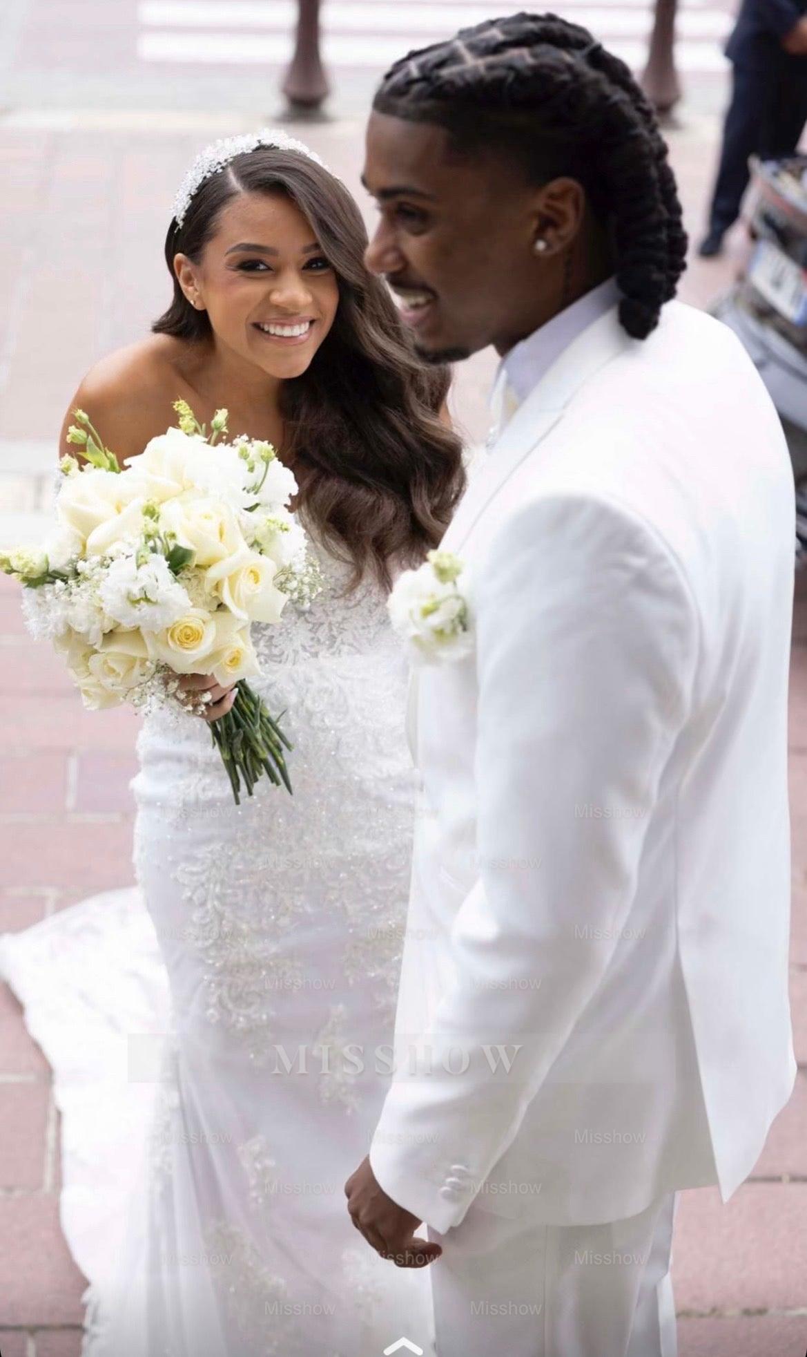 Beautiful Long White Mermaid Off-the-shoulder Lace Corset Wedding Dress with Long Sleeves