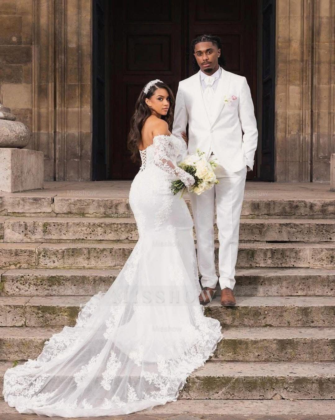 Beautiful Long White Mermaid Off-the-shoulder Lace Corset Wedding Dress with Long Sleeves