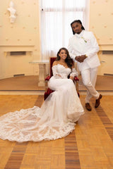 Beautiful Long White Mermaid Off-the-shoulder Lace Corset Wedding Dress with Long Sleeves