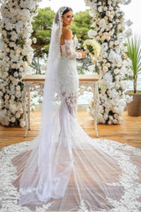Beautiful Long White Mermaid Off-the-shoulder Lace Glitter Wedding Dress with Long Sleeves