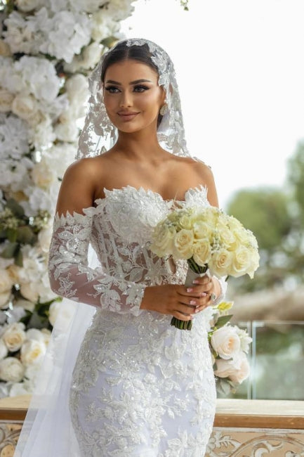 Beautiful Long White Mermaid Off-the-shoulder Lace Glitter Wedding Dress with Long Sleeves