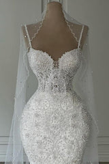 Beautiful Long White Mermaid Sweetheart Beaded Sleeveless Wedding Dress with Pearls
