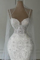 Beautiful Long White Mermaid Sweetheart Beaded Sleeveless Wedding Dress with Pearls