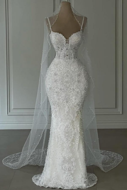 Beautiful Long White Mermaid Sweetheart Beaded Sleeveless Wedding Dress with Pearls
