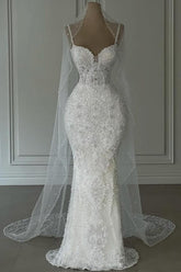Beautiful Long White Mermaid Sweetheart Beaded Sleeveless Wedding Dress with Pearls