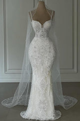 Beautiful Long White Mermaid Sweetheart Beaded Sleeveless Wedding Dress with Pearls
