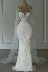 Beautiful Long White Mermaid Sweetheart Beaded Sleeveless Wedding Dress with Pearls