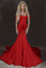 Red off-the-shoulder applique mermaid wedding dress