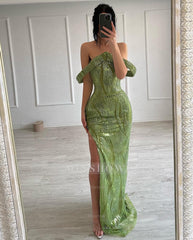 Beautiful Mermaid Sleeveless Satin Sequined Split Limegreen Prom Dress