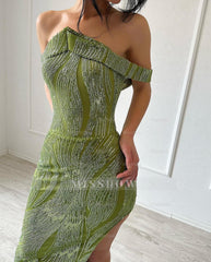 Beautiful Mermaid Sleeveless Satin Sequined Split Limegreen Prom Dress