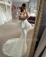 Beautiful Mermaid Tulle Lace Sweetheart Sleeveless White Wedding Dresses With Appliques