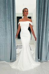 Beautiful Mermaid White Strapless Off-The-Shoulder Sleeveless Sweep Train Simple Satin Wedding Dresses