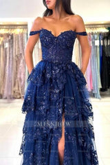 Beautiful Navy Blue Sweetheart A-line Off-the-shoulder Sleeveless Long Lace Evening Dresses With Slit