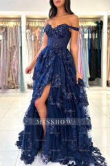 Beautiful Navy Blue Sweetheart A-line Off-the-shoulder Sleeveless Long Lace Evening Dresses With Slit