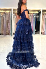 Beautiful Navy Blue Sweetheart A-line Off-the-shoulder Sleeveless Long Lace Evening Dresses With Slit