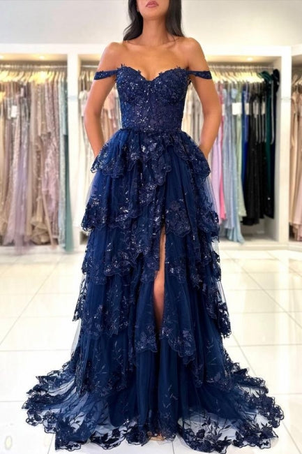 Beautiful Navy Blue Sweetheart A-line Off-the-shoulder Sleeveless Long Lace Evening Dresses With Slit