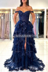Beautiful Navy Blue Sweetheart A-line Off-the-shoulder Sleeveless Long Lace Evening Dresses With Slit