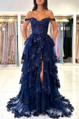 Beautiful Navy Blue Sweetheart A-line Off-the-shoulder Sleeveless Long Lace Evening Dresses With Slit
