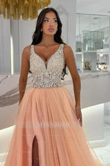 Beautiful Pink Spaghetti Strap V-Neck A-line Beaded Sleeveless Long Split Front Tulle Evening Dresses With Rhinestone