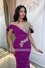 Beautiful Purple Column V-Neck Off-The-Shoulder Beaded Sleeveless Ruffle Long Tulle Prom Dresses With Rhinestone
